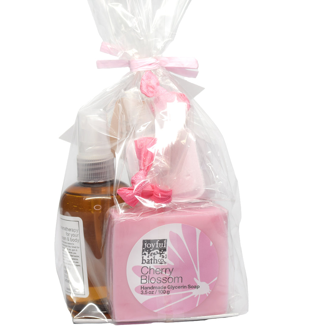 backside of the cherry blossom souvenir set showing a glycerin soap and part of the mist bottle
