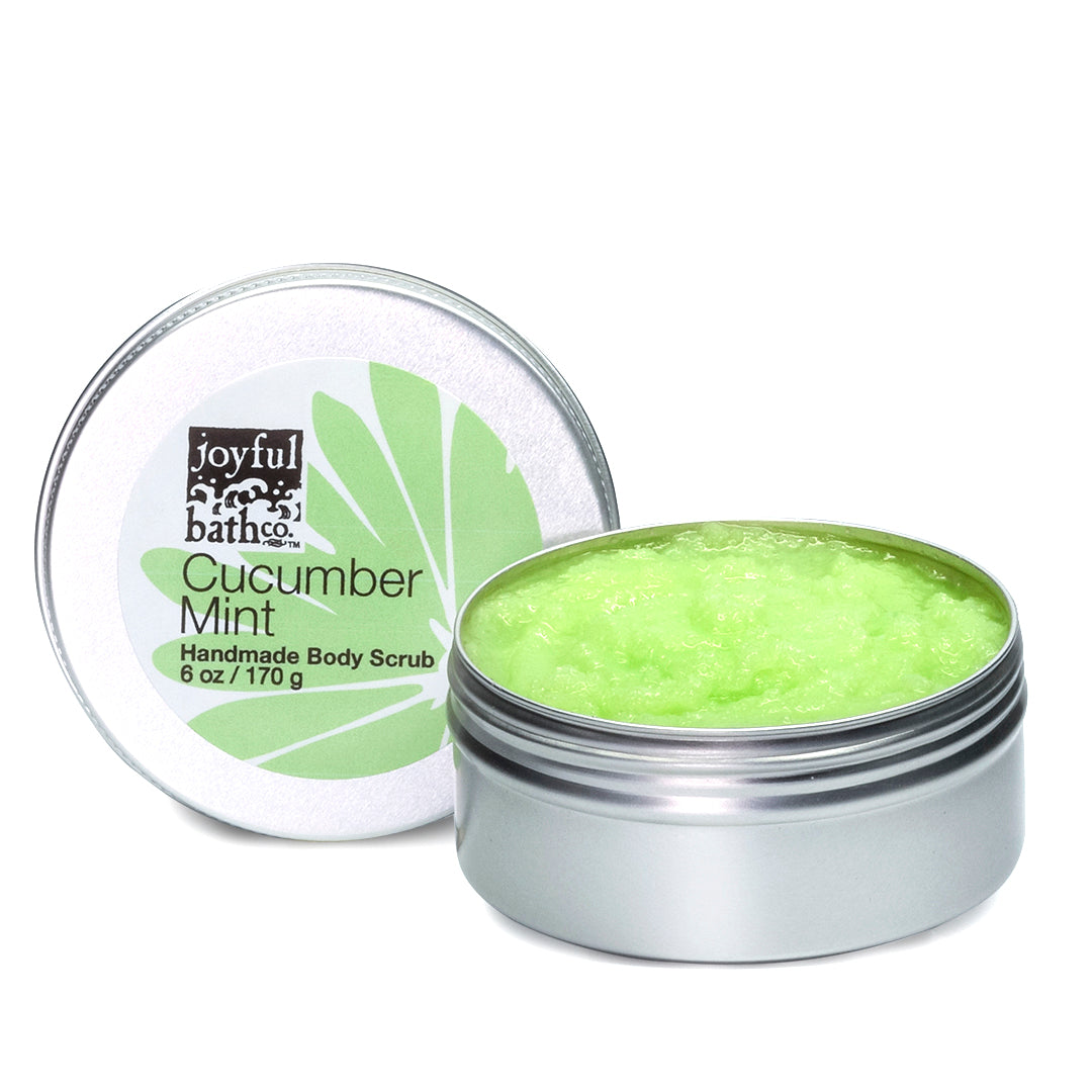 Cucumber Mint Handmade Body Scrub in a metal tin, and in the color green