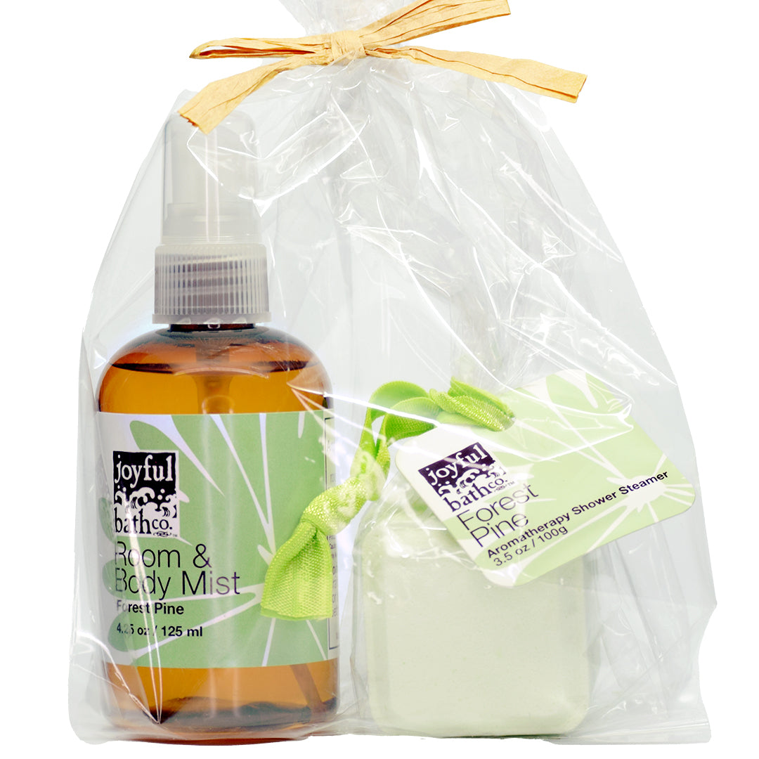 a wrapped combination of Room and Body Mist and Shower Steamer in the scent of Forest Pine