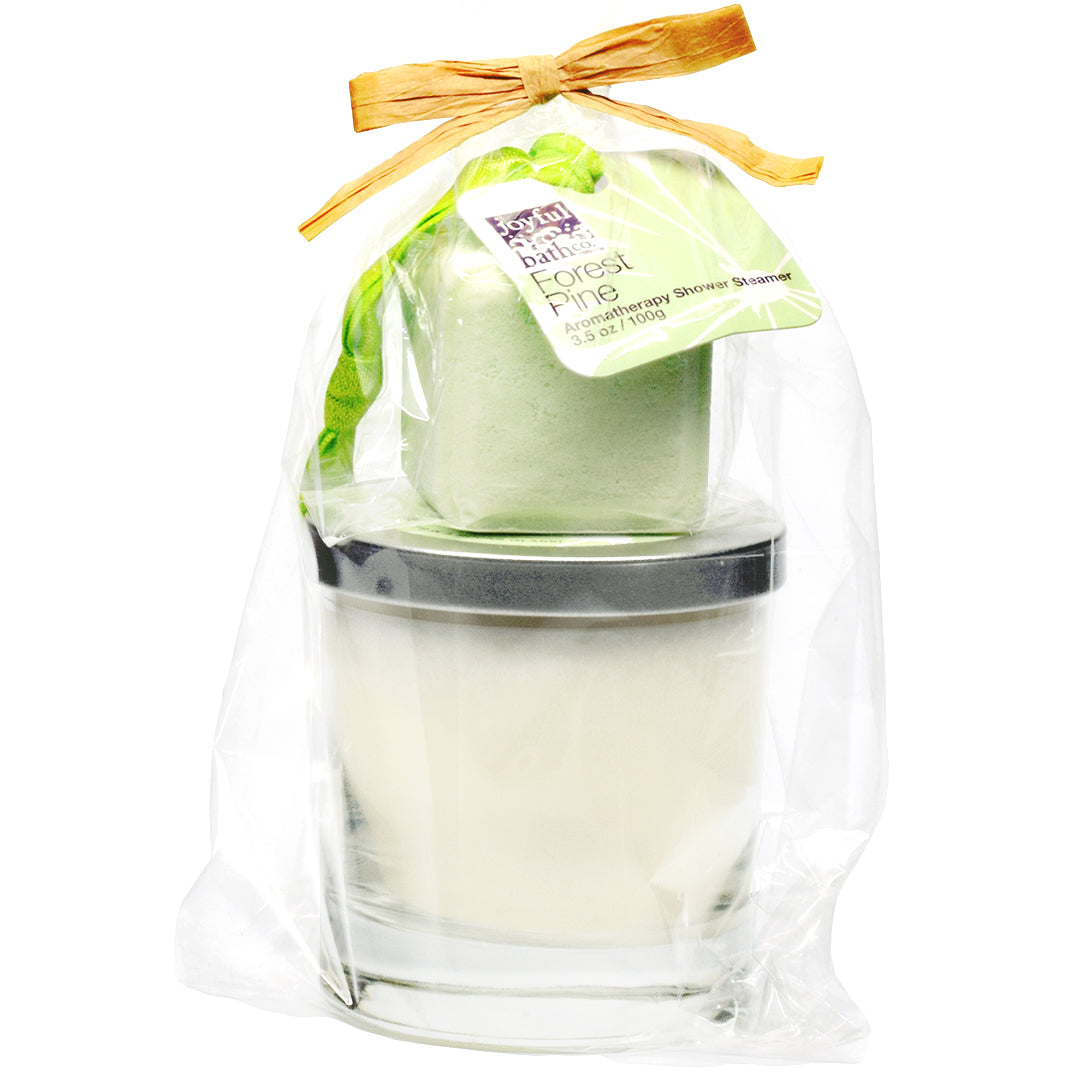 Forest Pine Soy Candle and Aromatherapy Shower Steamer in green wrapped with a paper bow