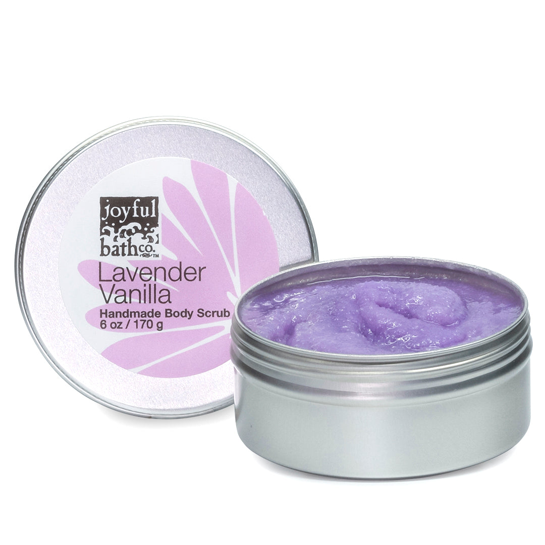 Lavender Vanilla Body Scrub in metal tin and color purple