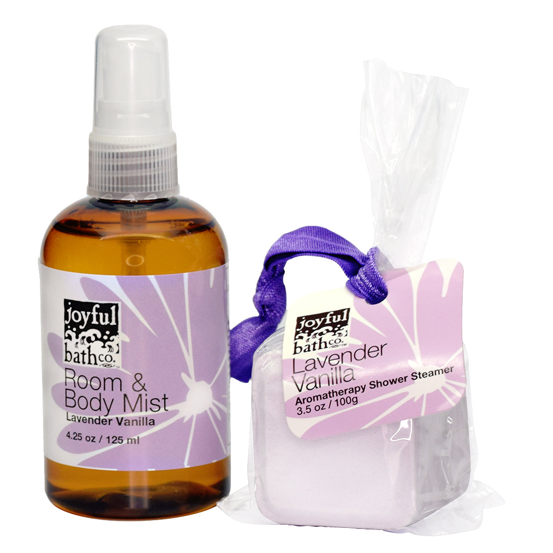 an unwrapped combination of Room and Body Mist and Shower Steamer in the scent of Lavender Vanilla