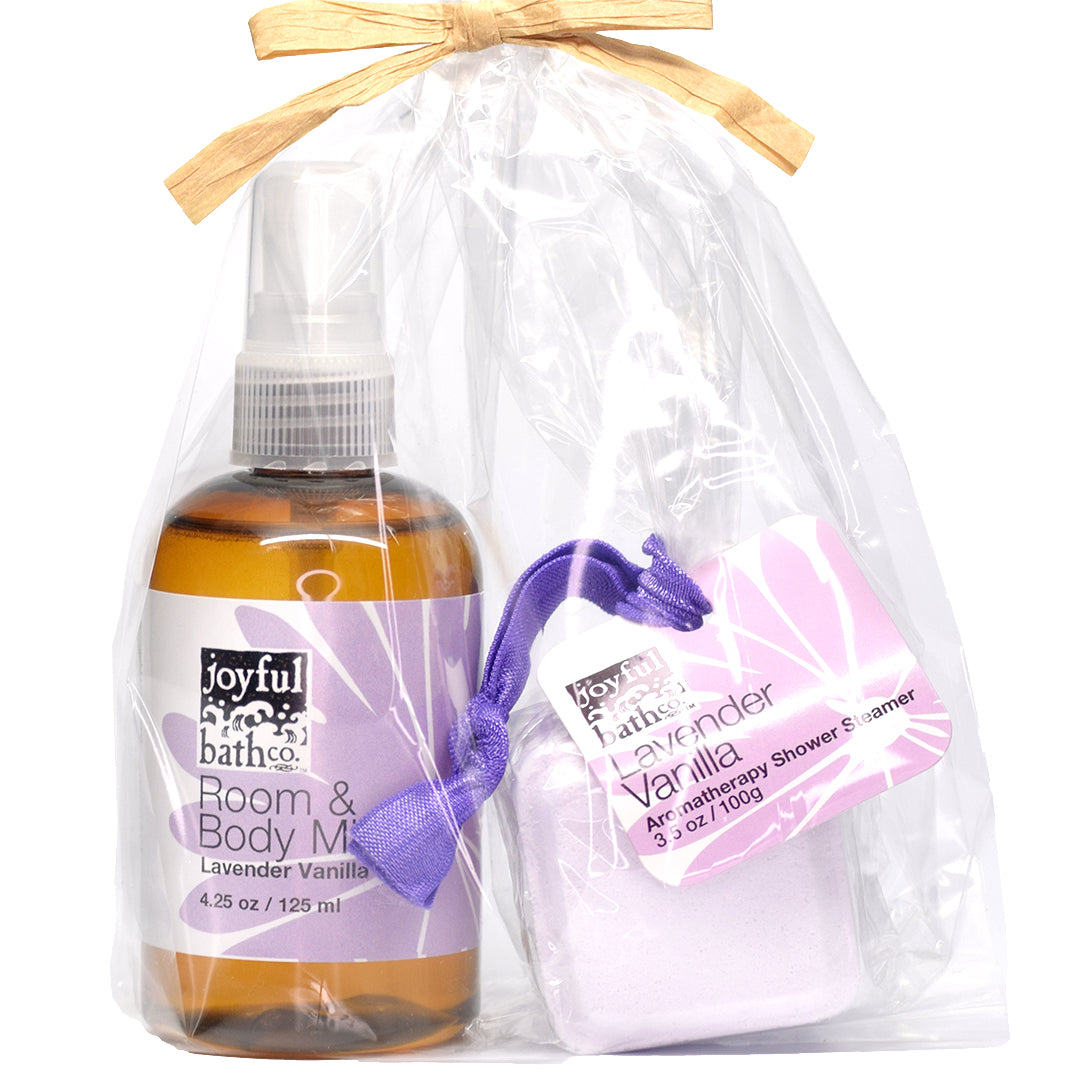 a wrapped combination of Room and Body Mist and Shower Steamer in the scent of Lavender Vanilla