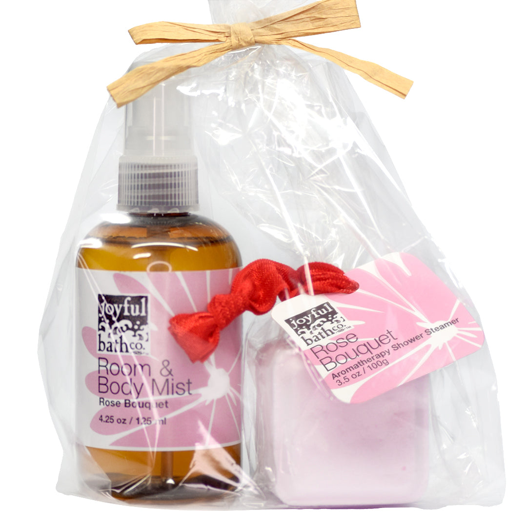 a wrapped combination of Rose Bouquet Room and Body Mist with a matching Shower Steamer