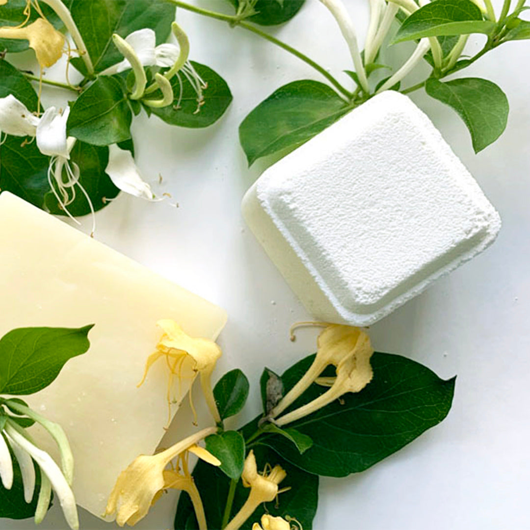 Wild Honeysuckle shower steamer and soap with some plants