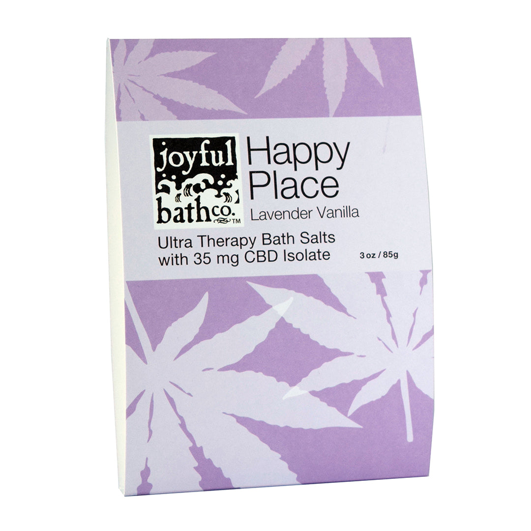 Happy Place Lavender Vanilla Hemp Bath Salts in a purple packet on a white background