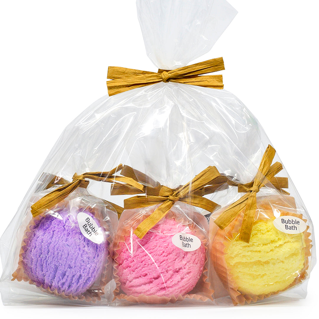 Bubble Bath Scoop Variety Pack frontside showing Lavender Vanilla, Red Raspberry and Wild Honeysuckle