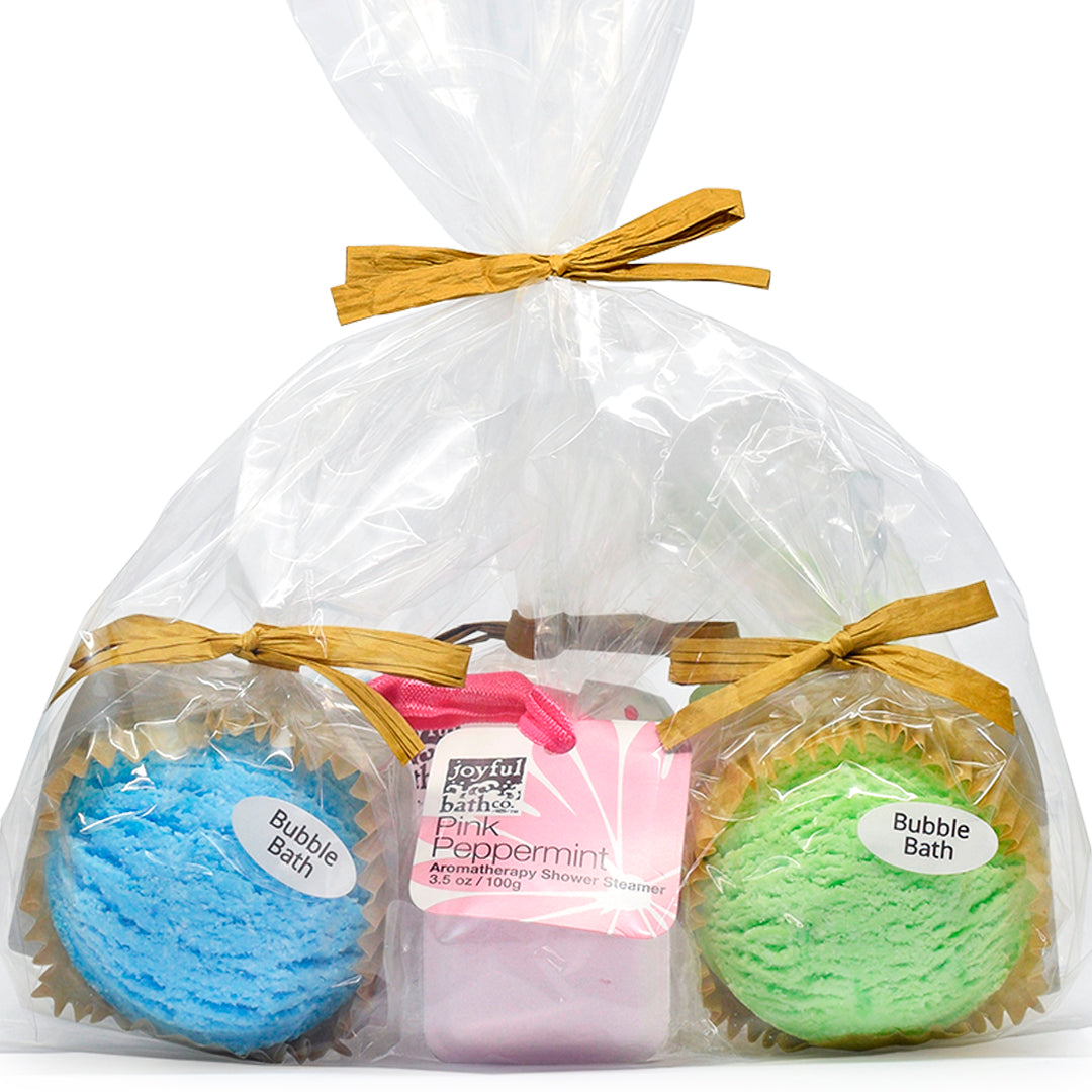 Bubble Bath and Shower Steamers Variety Pack frontside showing Eucalyptus Thyme Bubble Scoop, Pink Peppermint Shower Steamer and Forest Pine Bubble Scoop