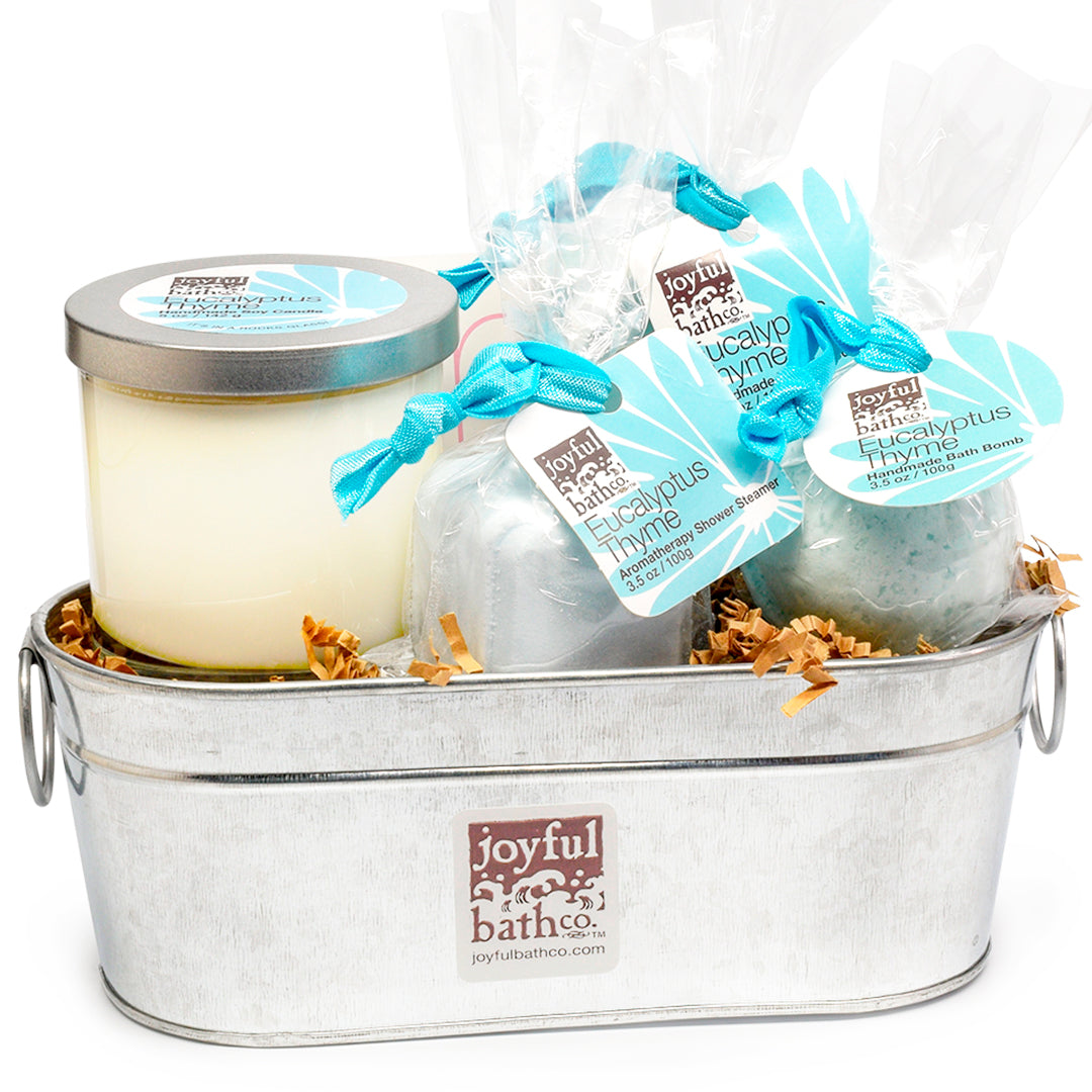 Eucalyptus Thyme Bath and Shower Set with all the items inside