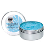 Eucalyptus Thyme Body Scrub in a metal tin, and blue in color