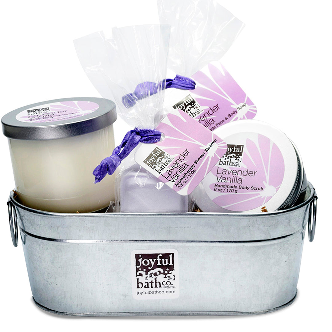 Lavender Vanilla Shower and Scrub Set with all its contents inside