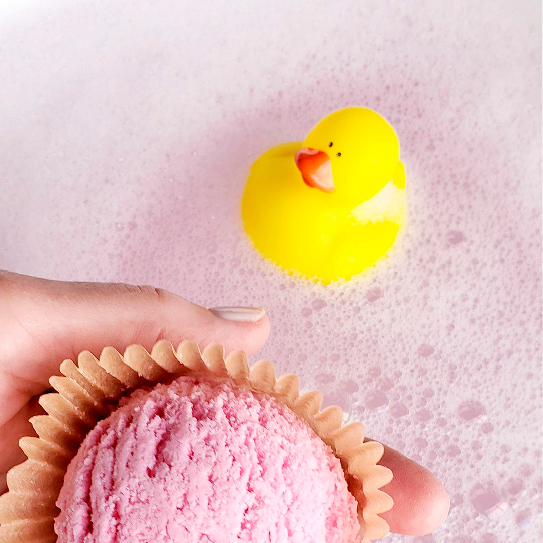 Rubber Duck floating in bubble bath
