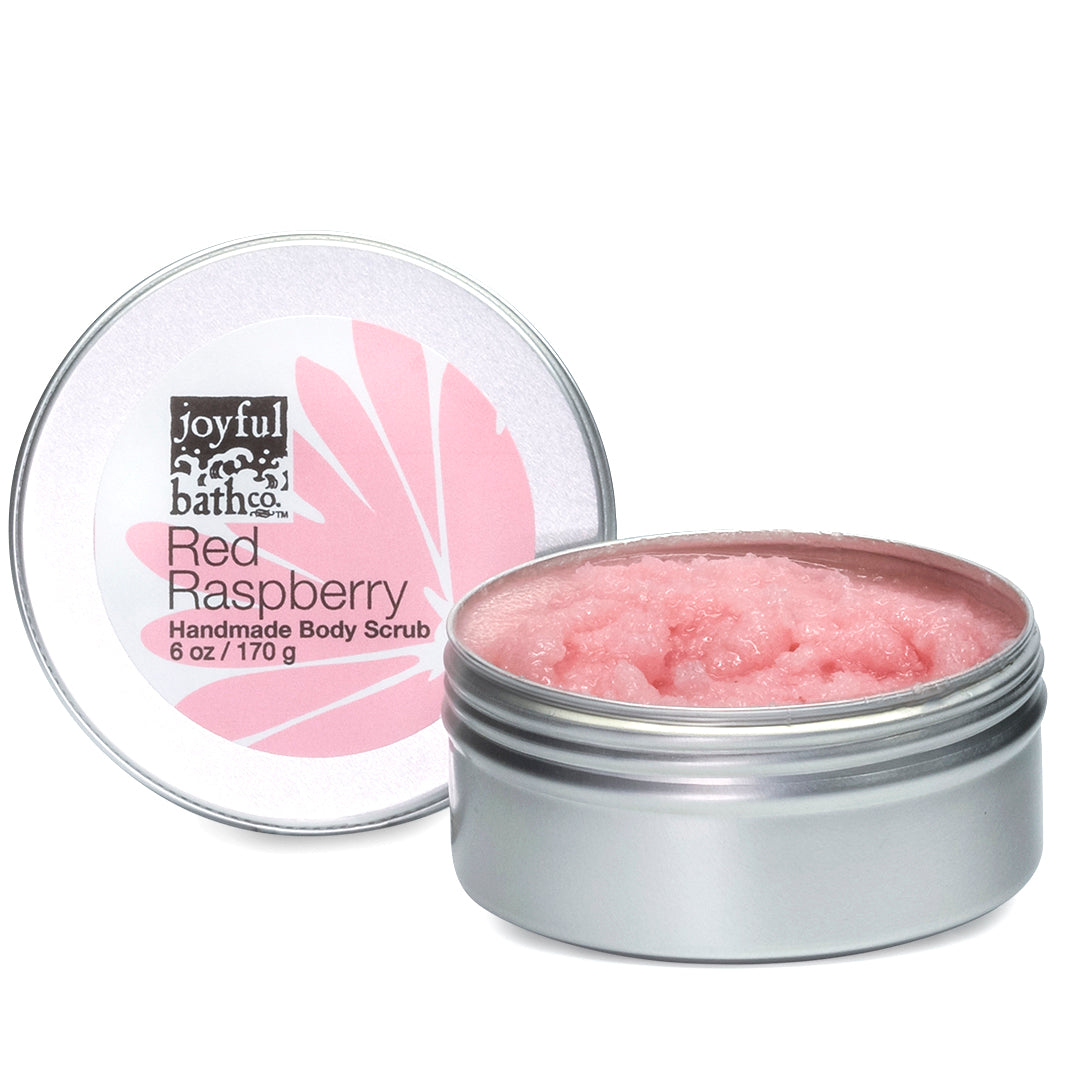 Red Raspberry Body Scrub in metal tin and in color pink
