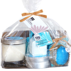 Total Bliss Bath and Shower Gift Set in Eucalyptus Thyme wrapped and ready for gifting with all its contents wrapped in a clear bag and tied with a paper bowtie