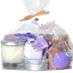 Total Bliss Bath and Shower Gift Set in Lavender Vanilla wrapped and ready for gifting with all its contents inside a clear bag and tied with a paper bowtie