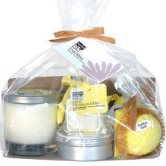 Total Bliss Bath and Shower Gift Set wrapped and ready for gifting includes its content in a clear bag and tied with a paper bowtie