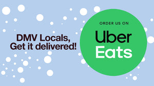 Blue background with bubbles and callout to order Joyful Bath Co on Uber Eats app