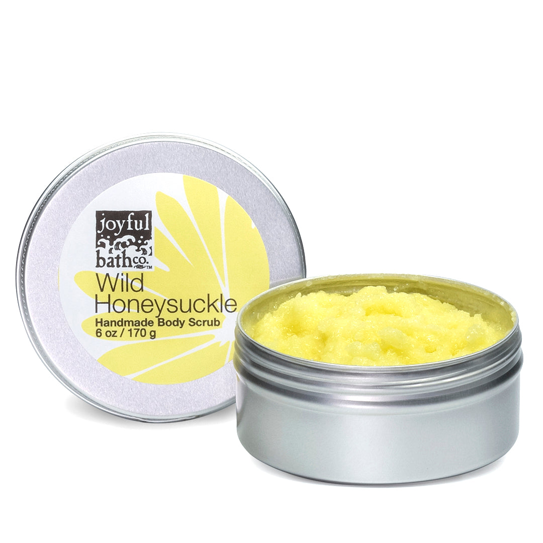 Wild Honeysuckle Body Scrub in metal tin and in color yellow