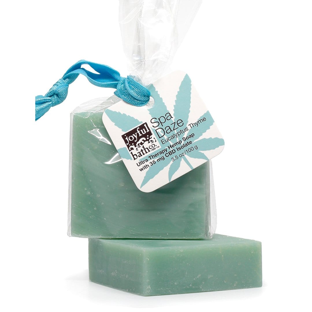 Spa Daze Eucalyptus Thyme Hemp Soap is green blue bar of hemp soap with a blue hairtie on a white background