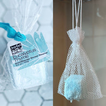 Load image into Gallery viewer, Side by side image of Eucalyptus Thyme Shower Steamer packaged cube spritz with water. Side image of Mesh Shower Steamer Bag in use. Shower Steamer fizzing; activated by water.